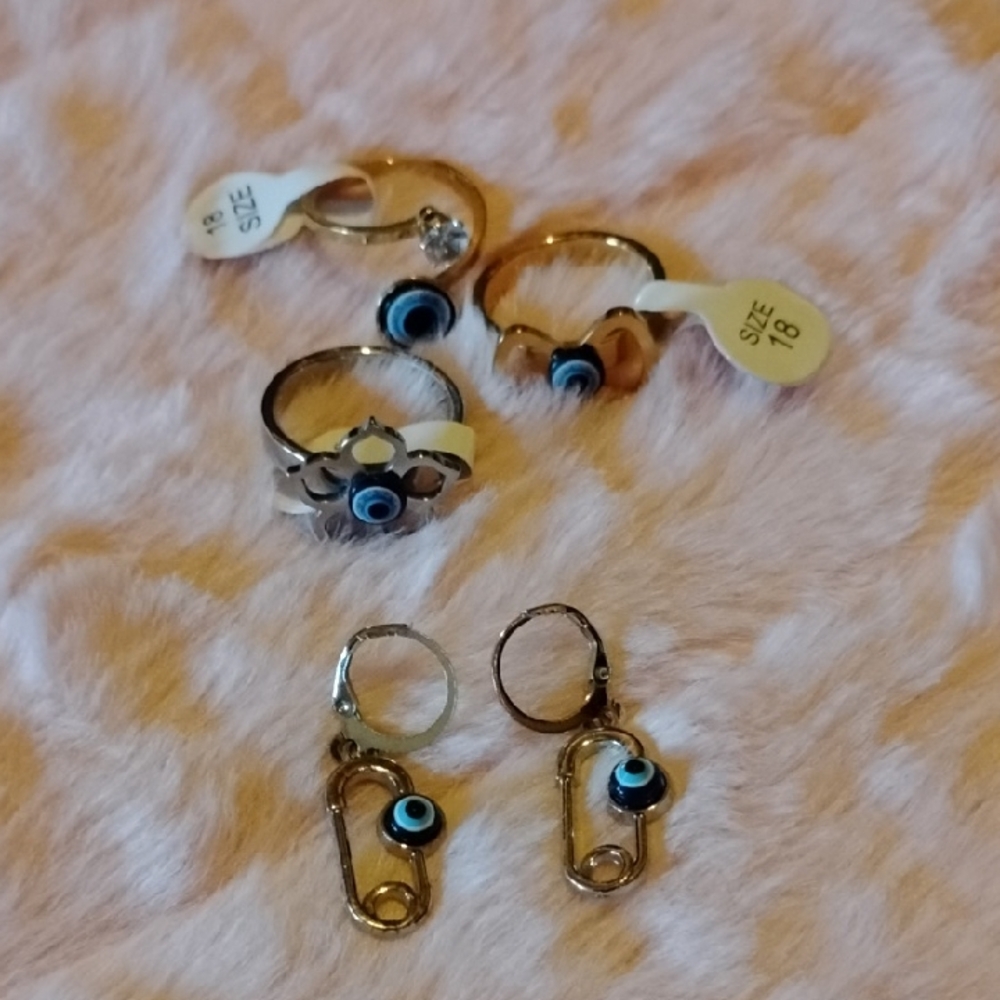 Size 18 Gold and Silver Evil Eye 3 Rings and Earring Set